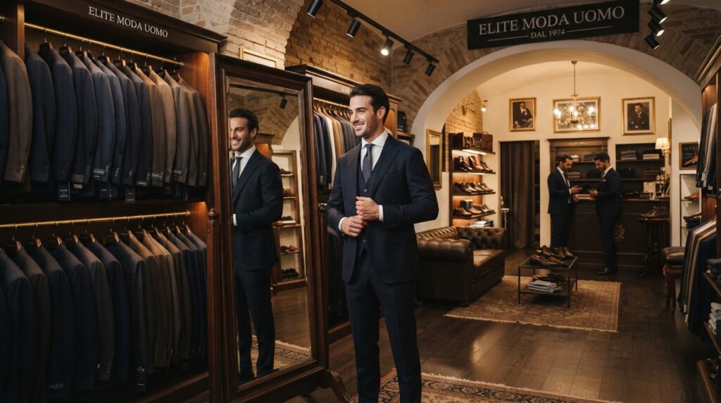 Cliente prova abiti da uomo nel negozio di Anagni